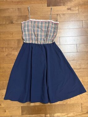 Vintage Navy Blue Sundress with Plaid Bodice with Pockets!